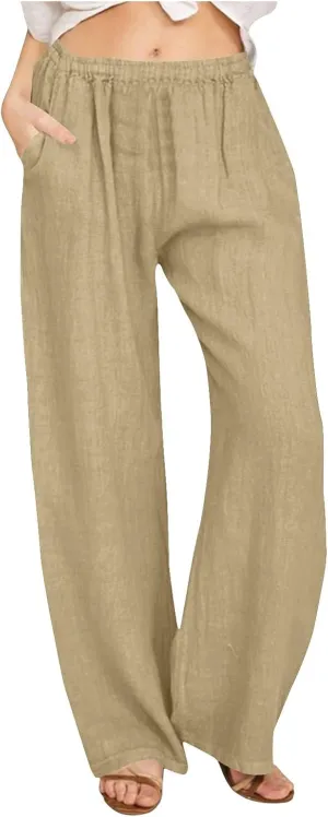 Cotton Linen Pants for Women Summer Drawstring High Waisted Palazzo Pant Casual Wide Leg Yoga Trouser with Pockets