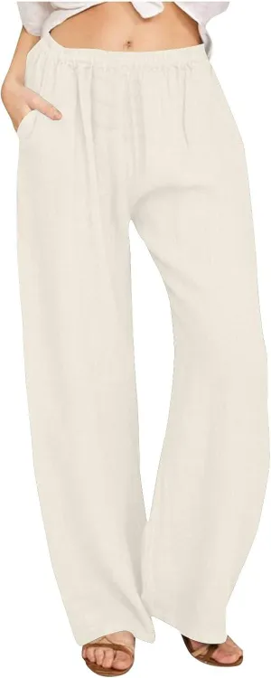 Cotton Linen Pants for Women Summer Drawstring High Waisted Palazzo Pant Casual Wide Leg Yoga Trouser with Pockets