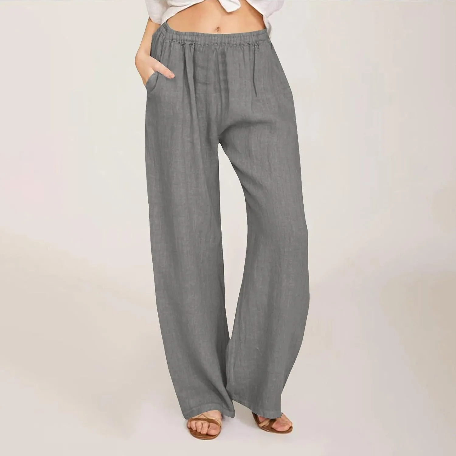 Cotton Linen Pants for Women Summer Drawstring High Waisted Palazzo Pant Casual Wide Leg Yoga Trouser with Pockets
