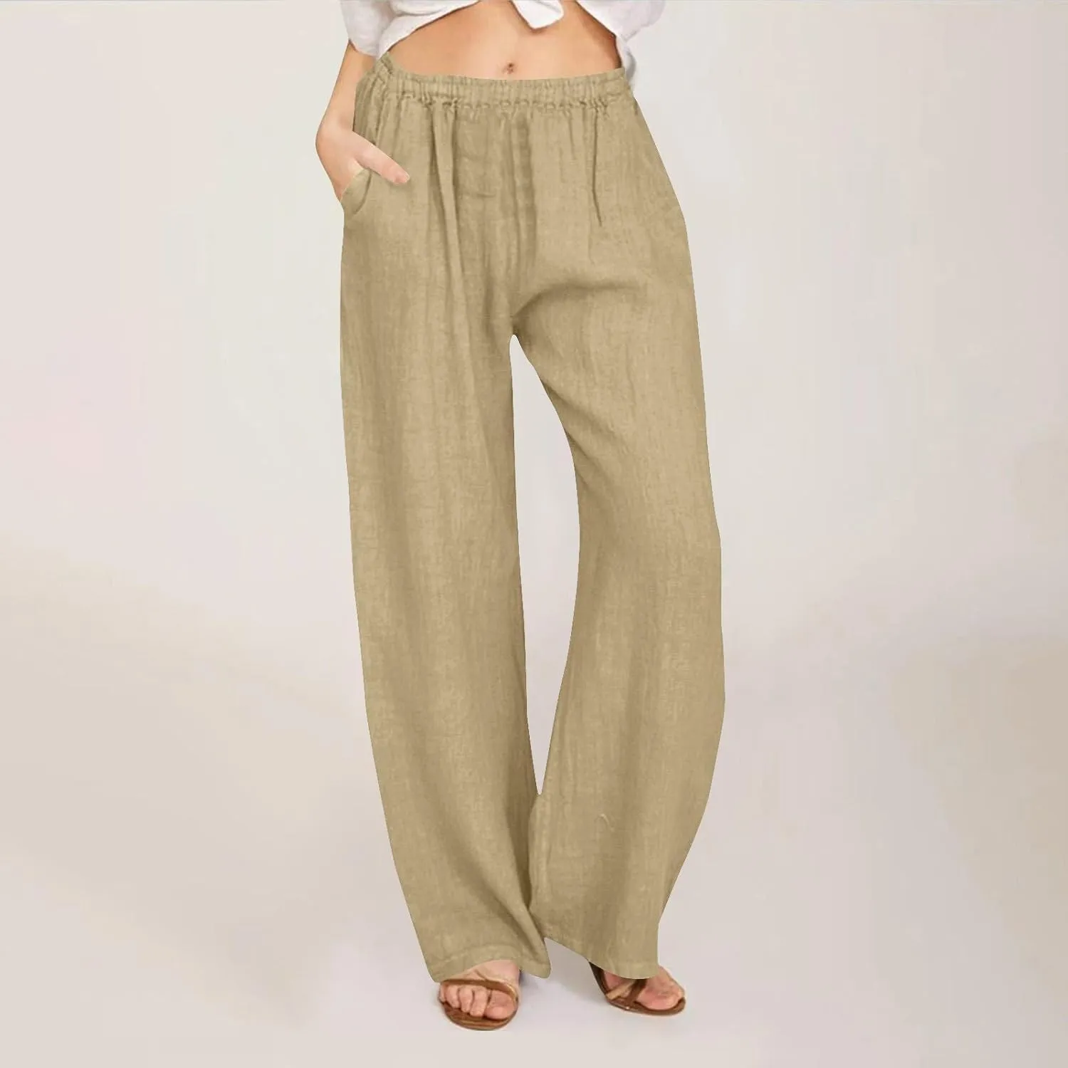 Cotton Linen Pants for Women Summer Drawstring High Waisted Palazzo Pant Casual Wide Leg Yoga Trouser with Pockets