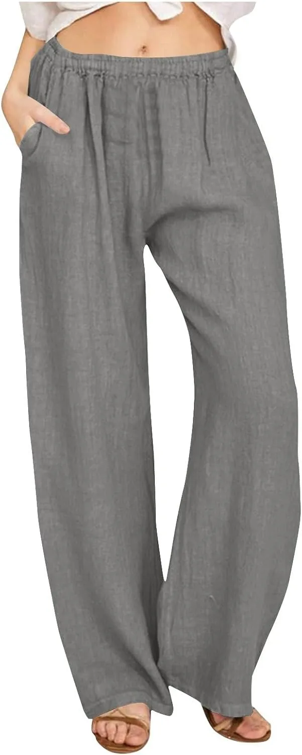 Cotton Linen Pants for Women Summer Drawstring High Waisted Palazzo Pant Casual Wide Leg Yoga Trouser with Pockets
