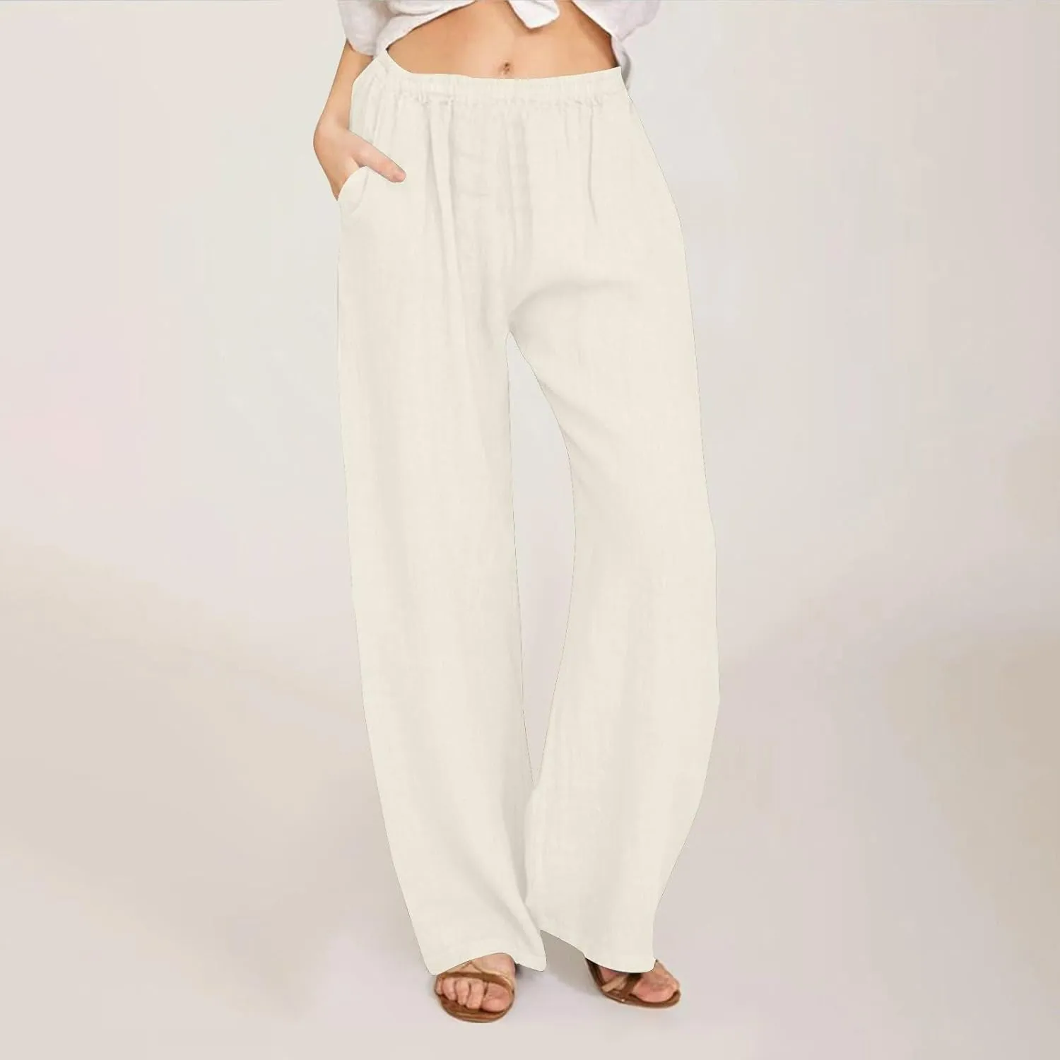Cotton Linen Pants for Women Summer Drawstring High Waisted Palazzo Pant Casual Wide Leg Yoga Trouser with Pockets