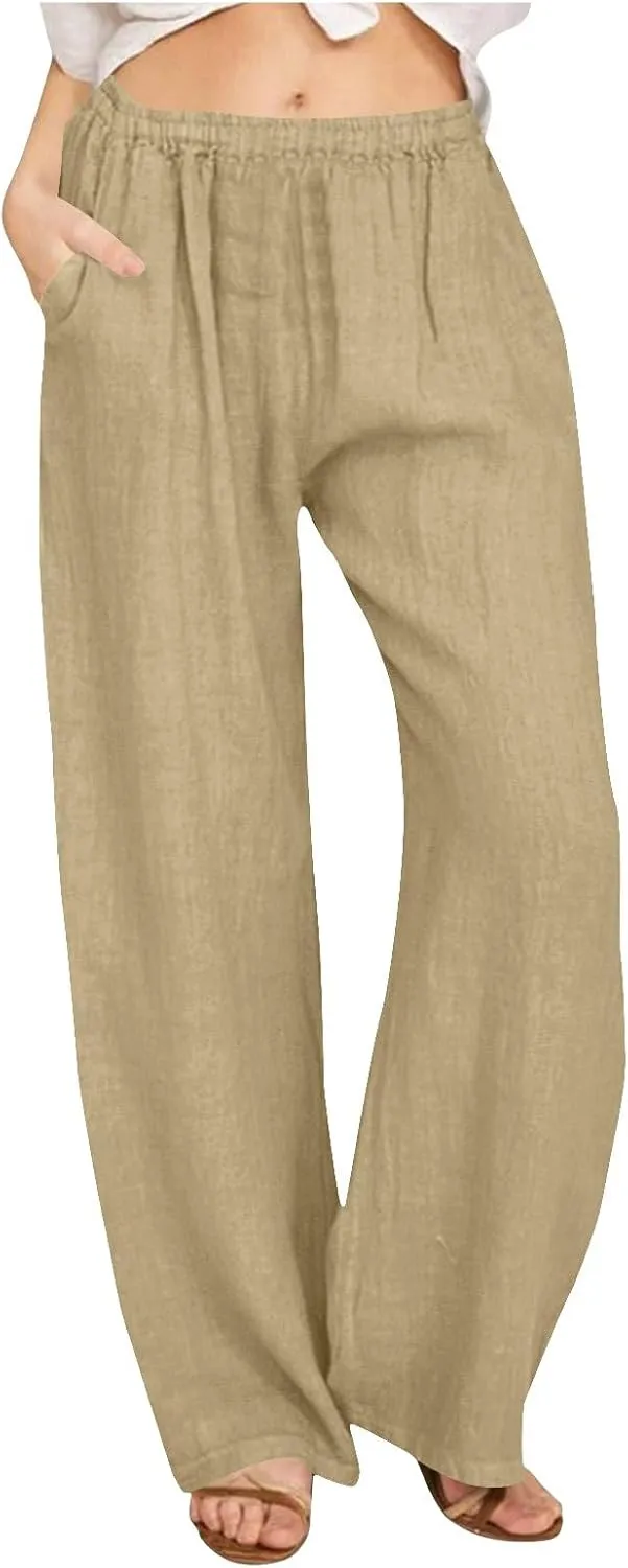 Cotton Linen Pants for Women Summer Drawstring High Waisted Palazzo Pant Casual Wide Leg Yoga Trouser with Pockets