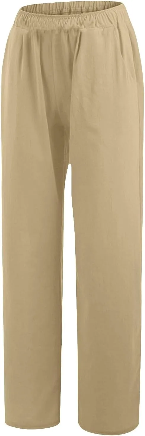 Cotton Linen Pants for Women Summer Drawstring High Waisted Palazzo Pant Casual Wide Leg Yoga Trouser with Pockets