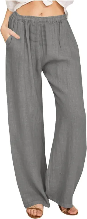 Cotton Linen Pants for Women Summer Drawstring High Waisted Palazzo Pant Casual Wide Leg Yoga Trouser with Pockets