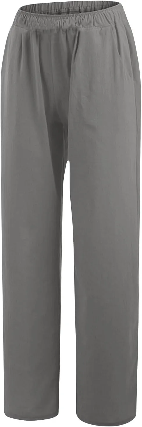 Cotton Linen Pants for Women Summer Drawstring High Waisted Palazzo Pant Casual Wide Leg Yoga Trouser with Pockets