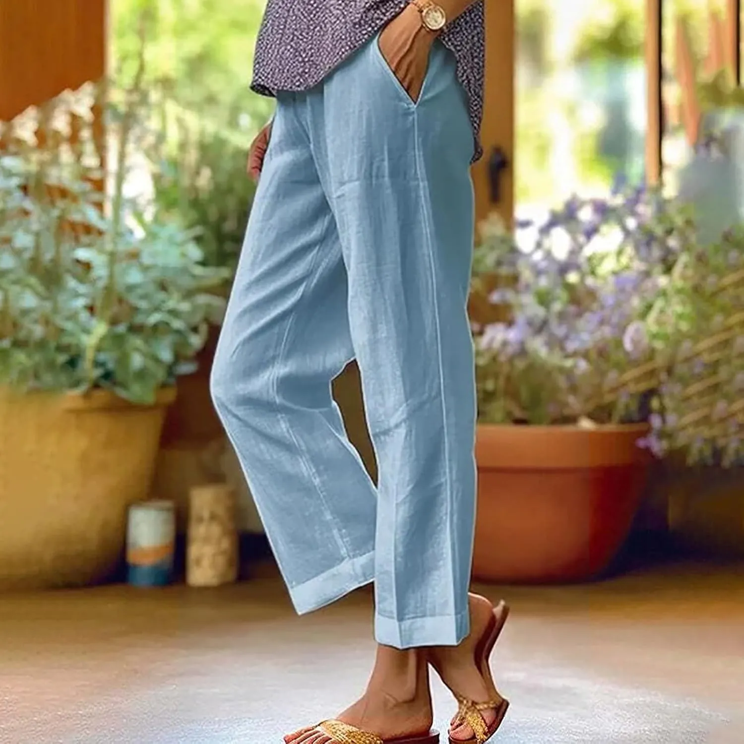 Cotton Linen Pants for Women Summer Elastic Waist Crop Pants Plus Size Straight Leg Slack Casual Trouser with Pocket