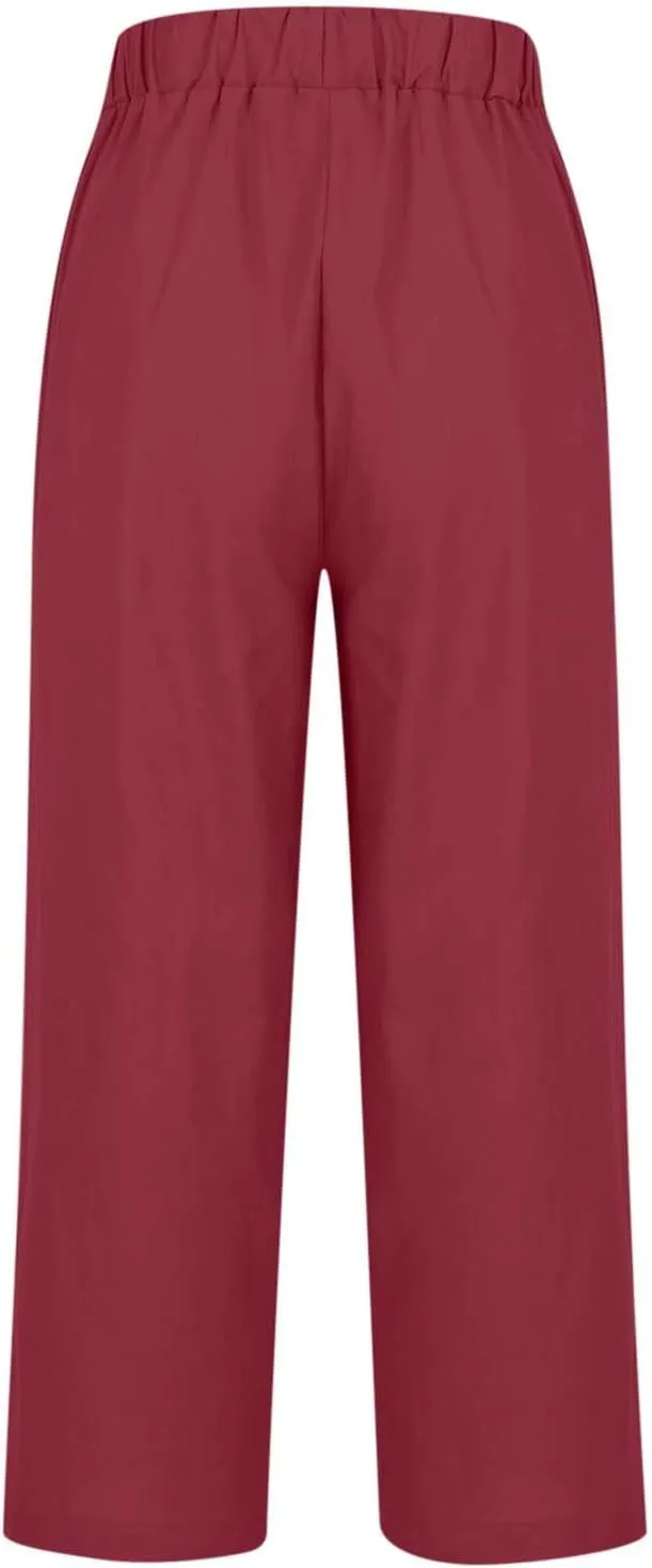 Cotton Linen Pants for Women Summer Elastic Waist Crop Pants Plus Size Straight Leg Slack Casual Trouser with Pocket