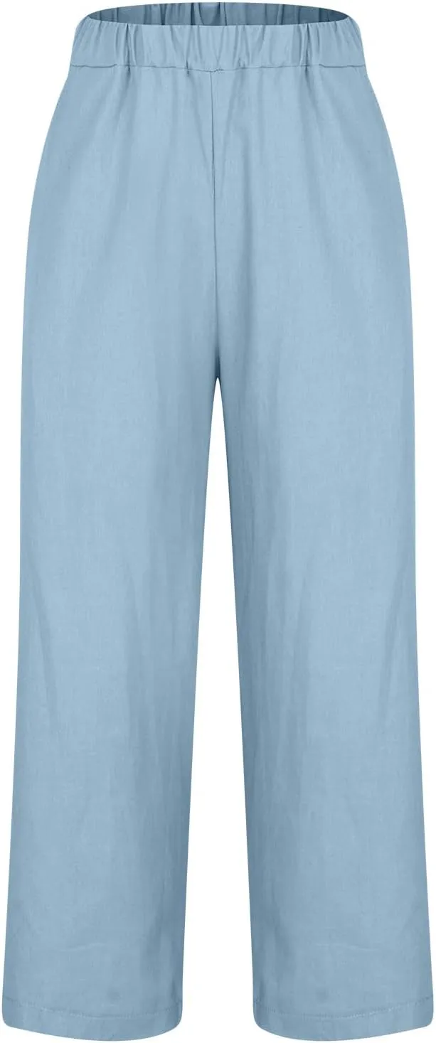 Cotton Linen Pants for Women Summer Elastic Waist Crop Pants Plus Size Straight Leg Slack Casual Trouser with Pocket