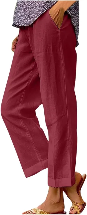 Cotton Linen Pants for Women Summer Elastic Waist Crop Pants Plus Size Straight Leg Slack Casual Trouser with Pocket