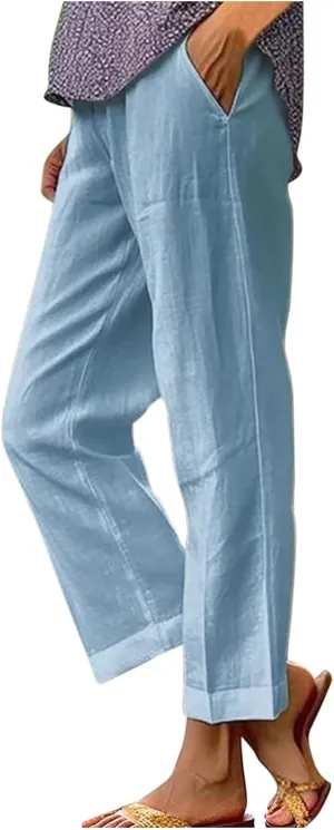 Cotton Linen Pants for Women Summer Elastic Waist Crop Pants Plus Size Straight Leg Slack Casual Trouser with Pocket