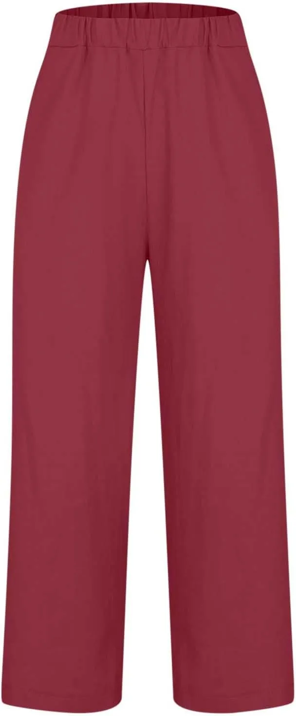 Cotton Linen Pants for Women Summer Elastic Waist Crop Pants Plus Size Straight Leg Slack Casual Trouser with Pocket