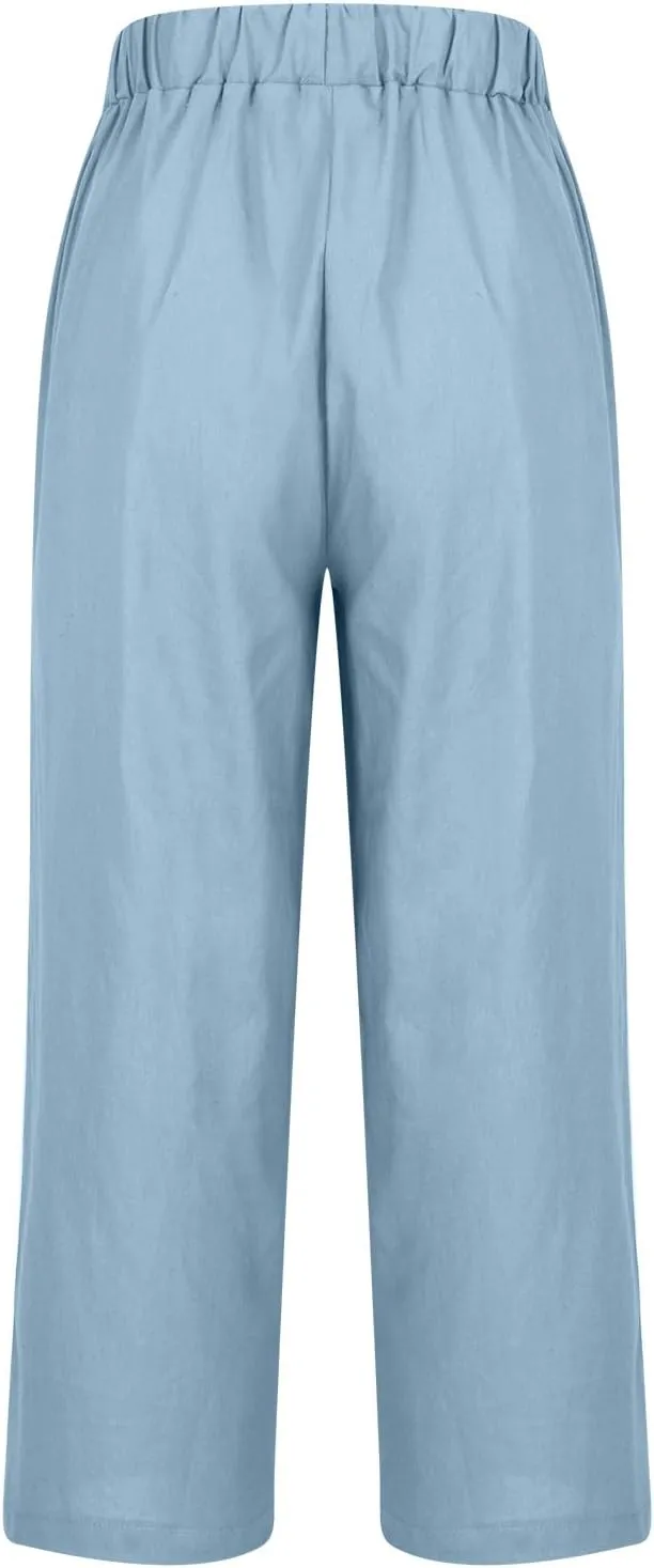 Cotton Linen Pants for Women Summer Elastic Waist Crop Pants Plus Size Straight Leg Slack Casual Trouser with Pocket