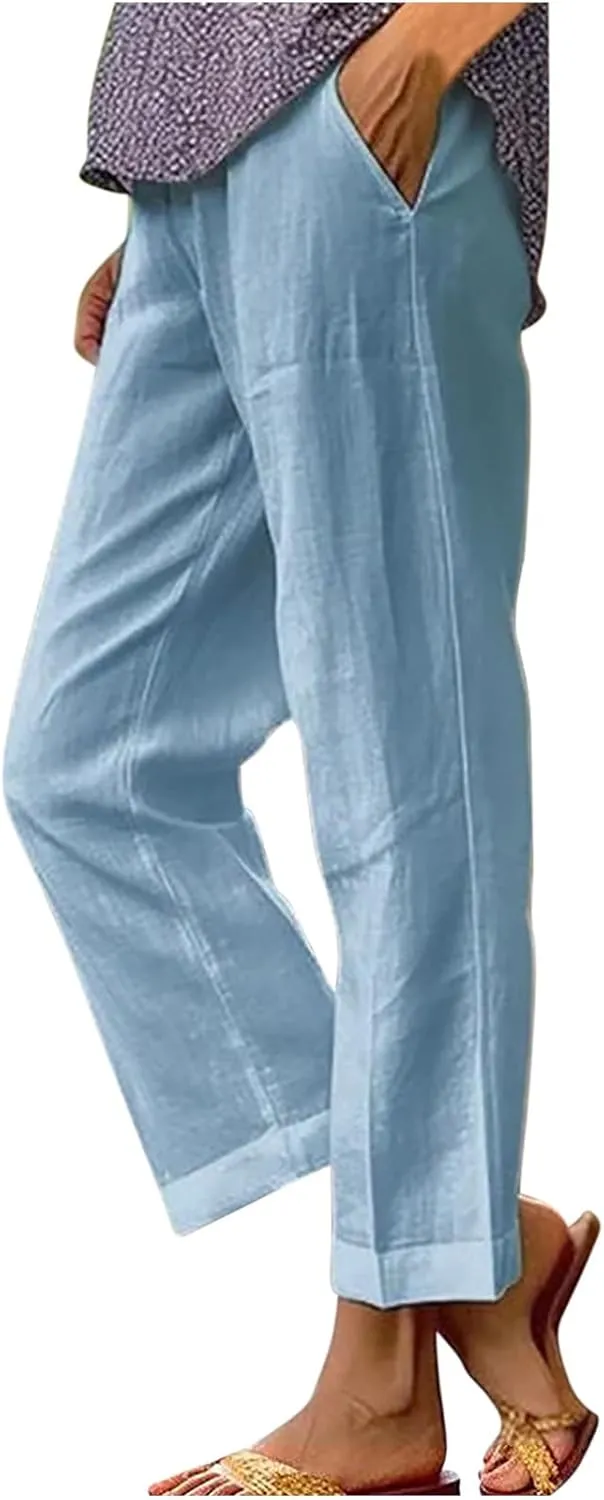 Cotton Linen Pants for Women Summer Elastic Waist Crop Pants Plus Size Straight Leg Slack Casual Trouser with Pocket