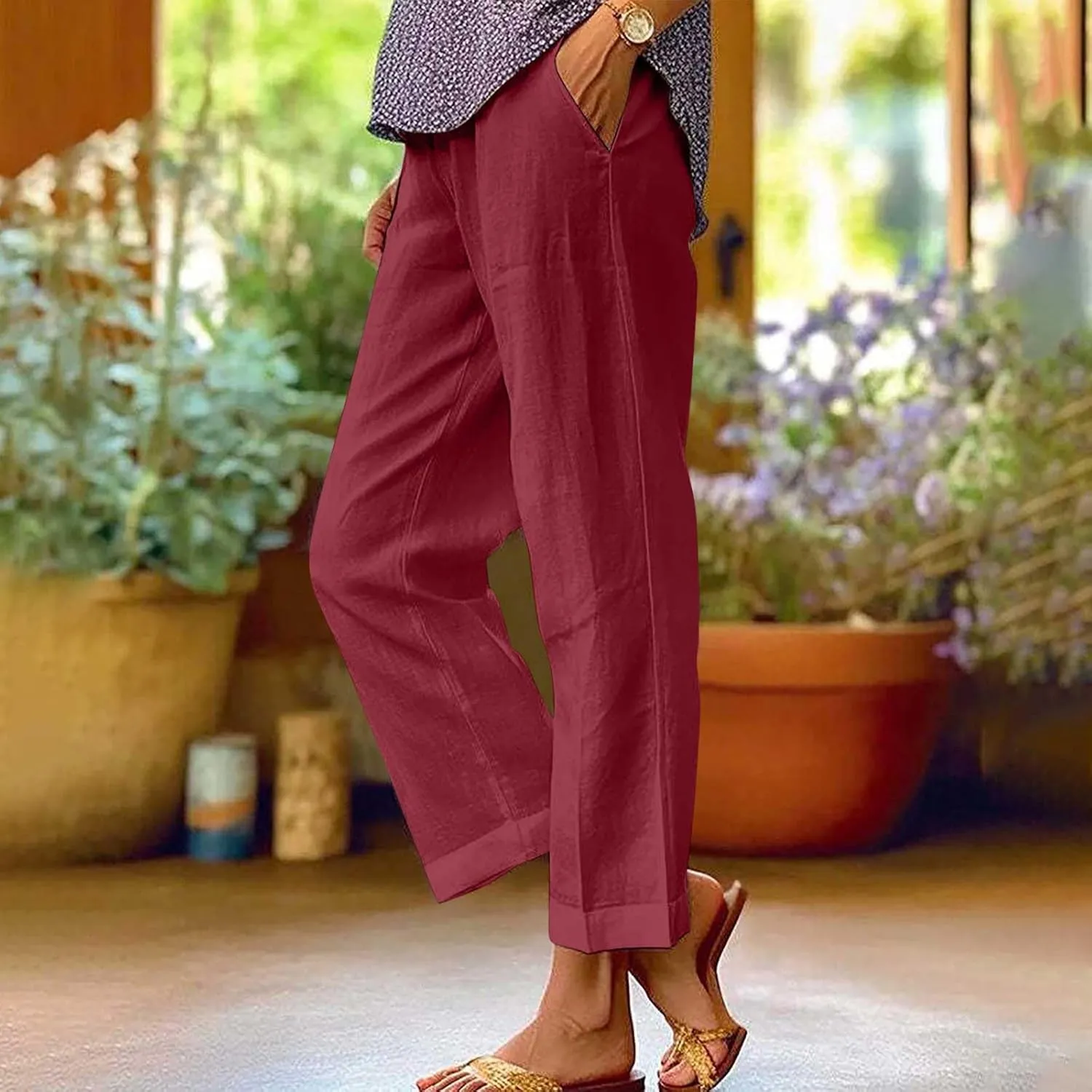 Cotton Linen Pants for Women Summer Elastic Waist Crop Pants Plus Size Straight Leg Slack Casual Trouser with Pocket