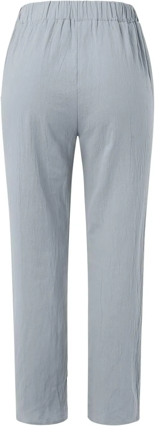 Cotton Linen Pants Women Side Button Straight Leg Pants Casual Comfort Fashion Comfy 2025 Summer Trousers with Pocket