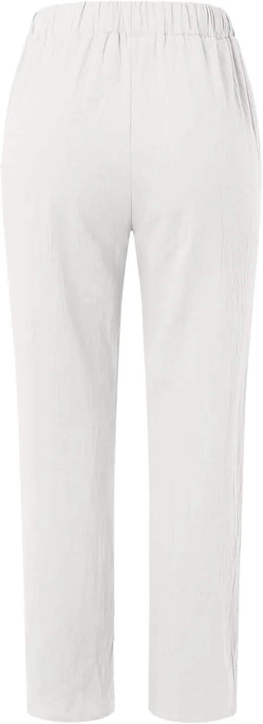 Cotton Linen Pants Women Side Button Straight Leg Pants Casual Comfort Fashion Comfy 2025 Summer Trousers with Pocket