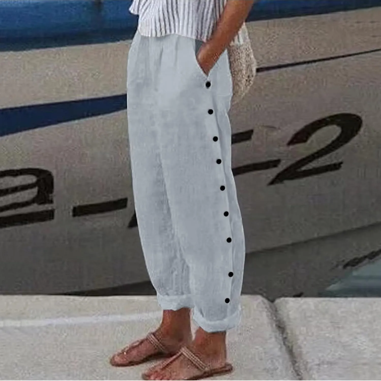 Cotton Linen Pants Women Side Button Straight Leg Pants Casual Comfort Fashion Comfy 2025 Summer Trousers with Pocket