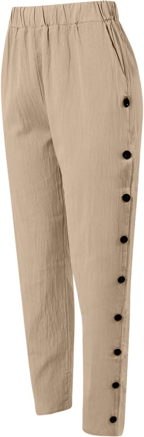 Cotton Linen Pants Women Side Button Straight Leg Pants Casual Comfort Fashion Comfy 2025 Summer Trousers with Pocket