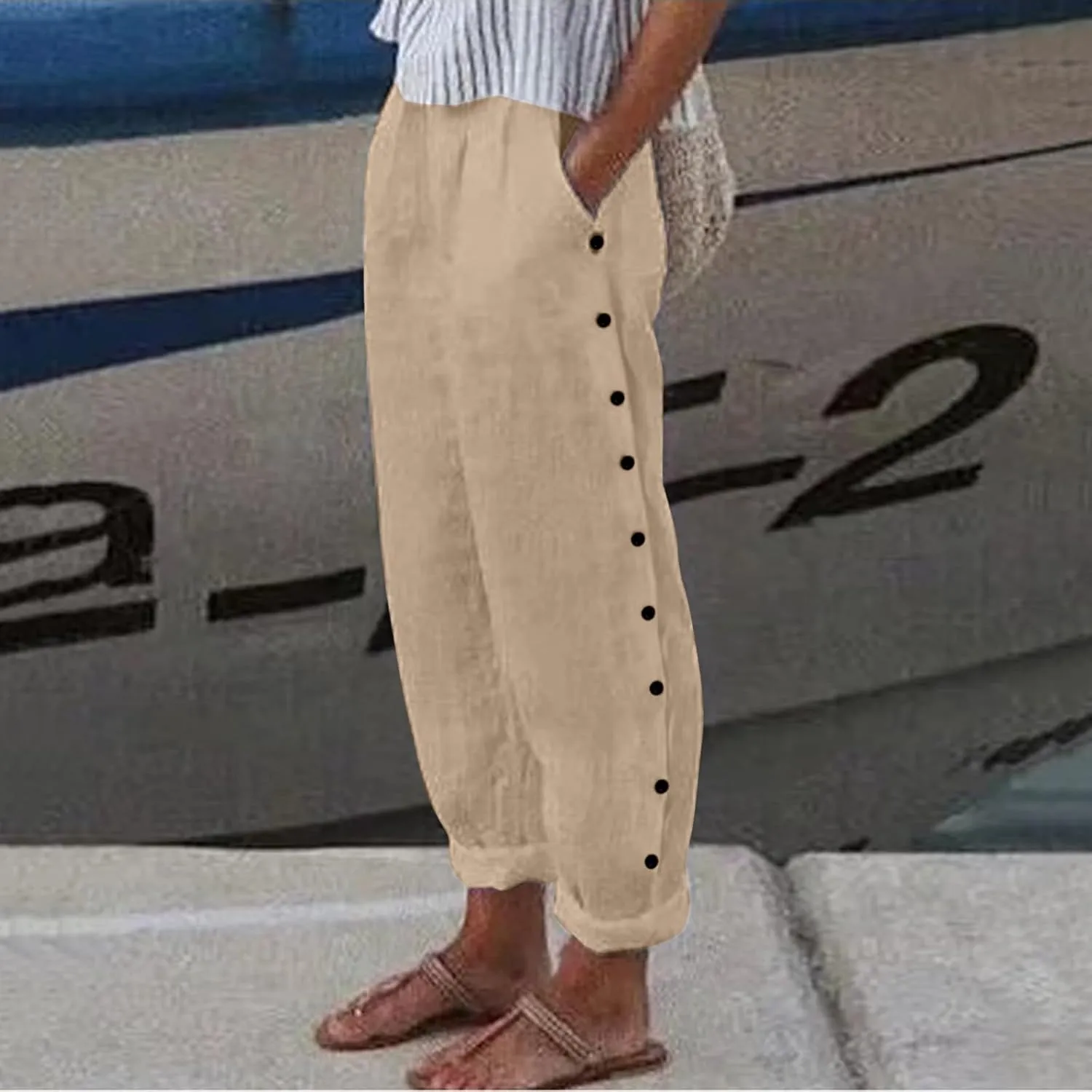 Cotton Linen Pants Women Side Button Straight Leg Pants Casual Comfort Fashion Comfy 2025 Summer Trousers with Pocket
