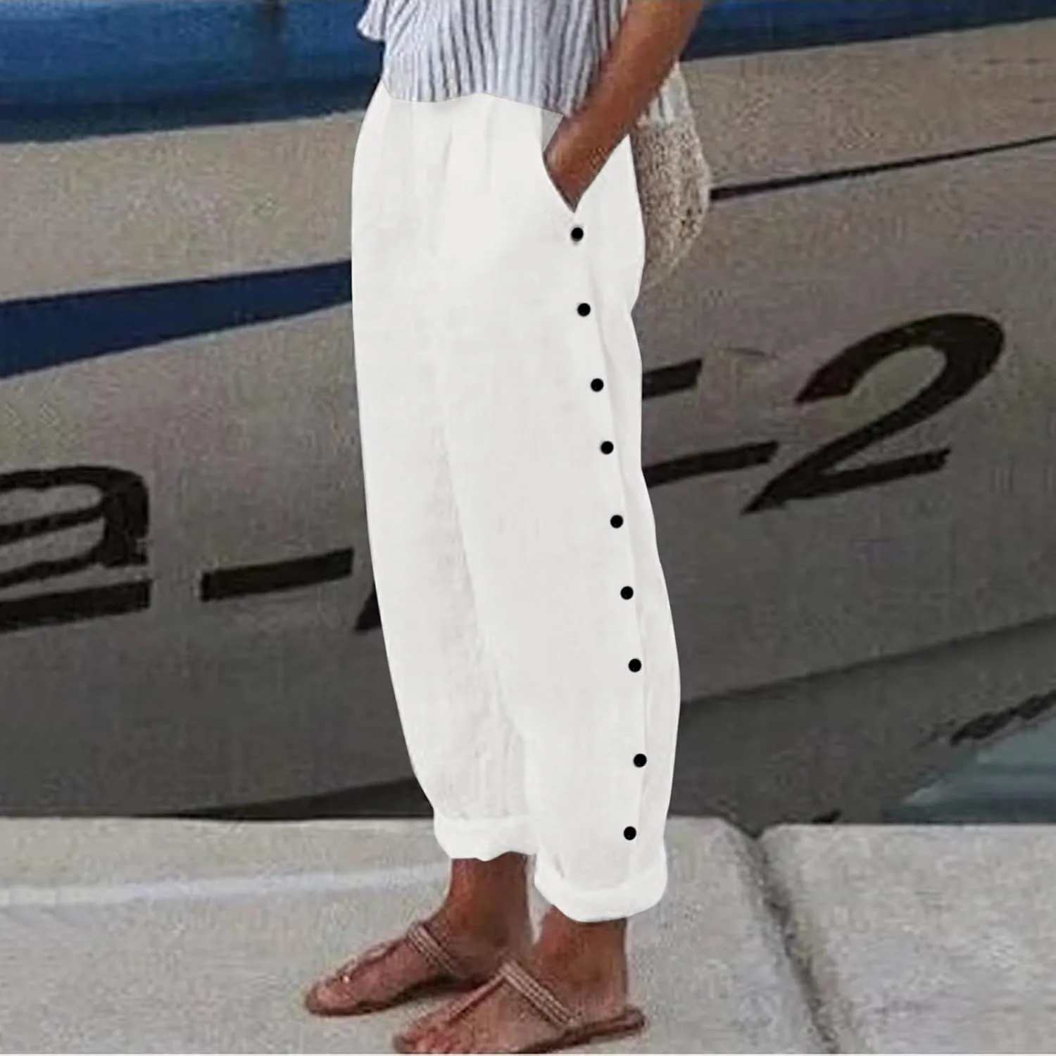Cotton Linen Pants Women Side Button Straight Leg Pants Casual Comfort Fashion Comfy 2025 Summer Trousers with Pocket