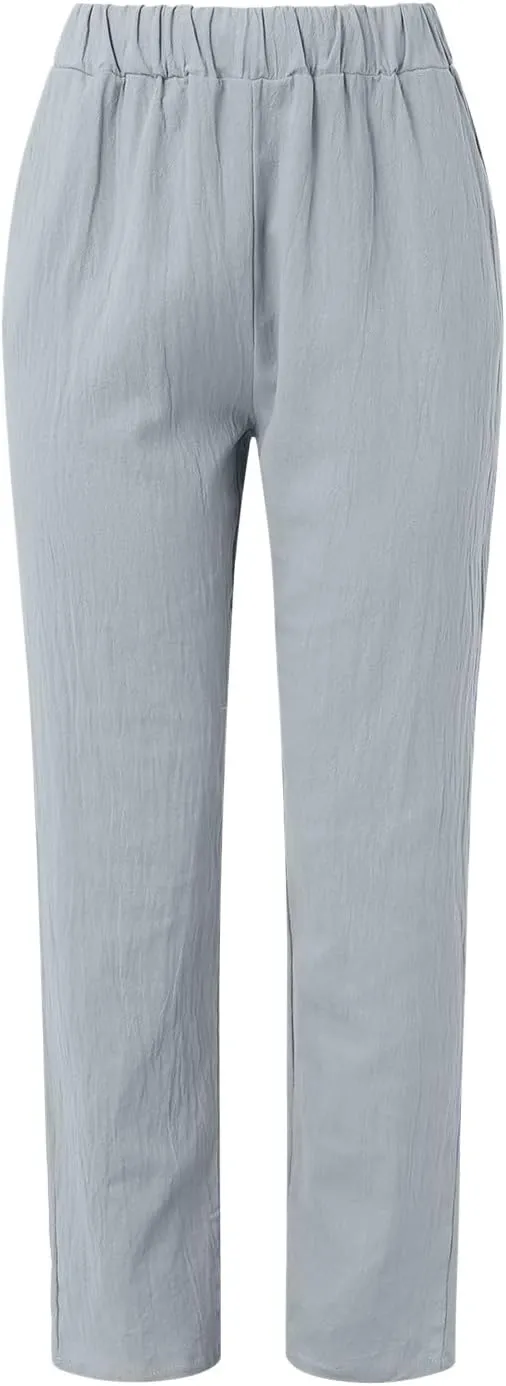 Cotton Linen Pants Women Side Button Straight Leg Pants Casual Comfort Fashion Comfy 2025 Summer Trousers with Pocket