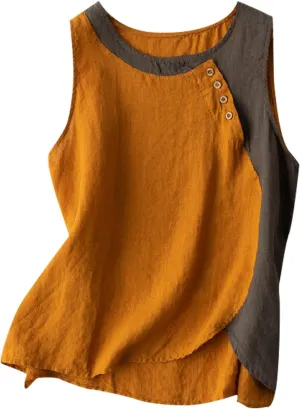 Cotton Linen Tank Tops for Women Loose Fit Sleeveless Button Tee Shirts Summer Casual Flowy Blouses Gauze Tunic Tops