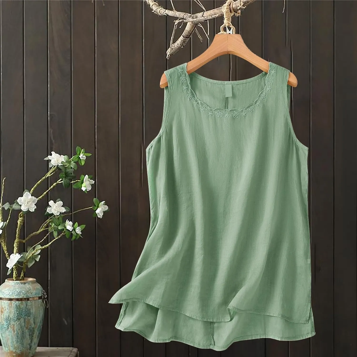 Cotton Linen Tank Tops for Women Loose Fit Sleeveless Button Tee Shirts Summer Casual Flowy Blouses Gauze Tunic Tops