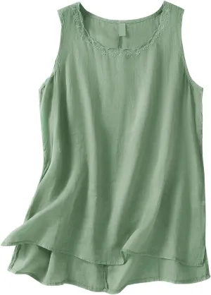 Cotton Linen Tank Tops for Women Loose Fit Sleeveless Button Tee Shirts Summer Casual Flowy Blouses Gauze Tunic Tops