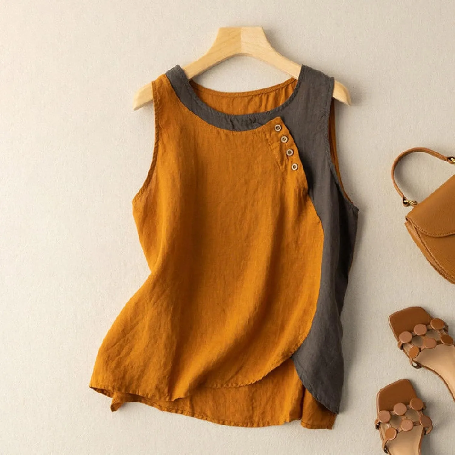 Cotton Linen Tank Tops for Women Loose Fit Sleeveless Button Tee Shirts Summer Casual Flowy Blouses Gauze Tunic Tops