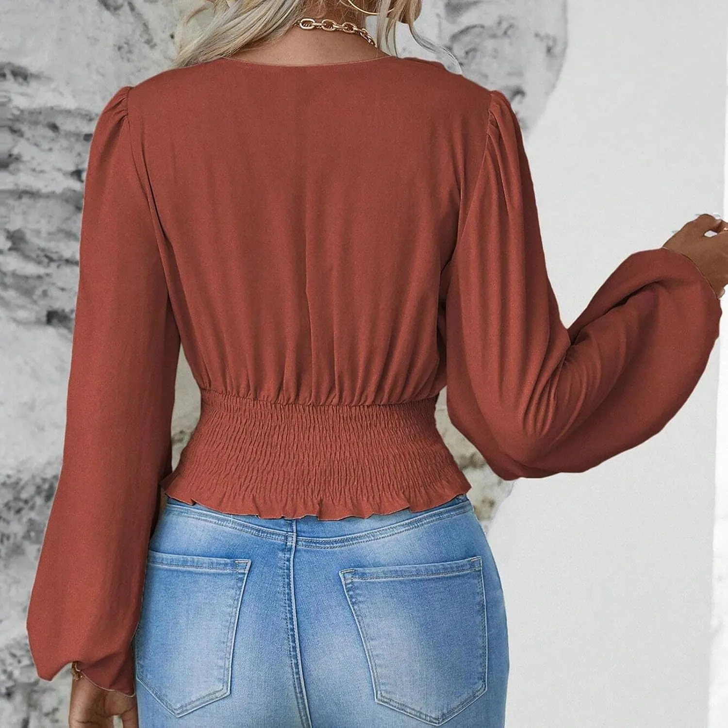 Crop Shirts for Women Trendy Deep V Neck Tops Sexy Tees Bell Sleeve Shirts Cute Basic Slim Fitted Blouses Pleated Tops