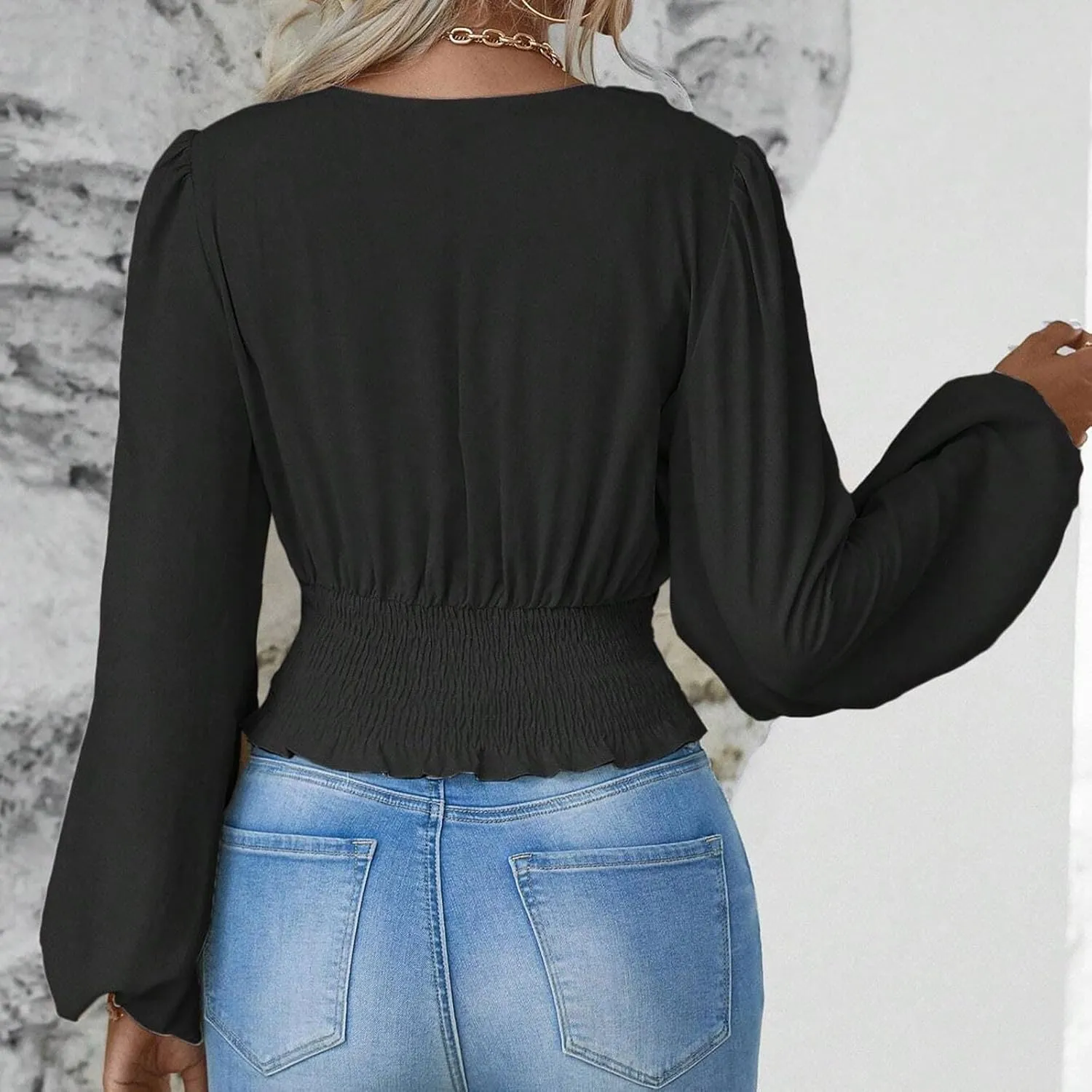 Crop Shirts for Women Trendy Deep V Neck Tops Sexy Tees Bell Sleeve Shirts Cute Basic Slim Fitted Blouses Pleated Tops