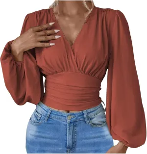 Crop Shirts for Women Trendy Deep V Neck Tops Sexy Tees Bell Sleeve Shirts Cute Basic Slim Fitted Blouses Pleated Tops