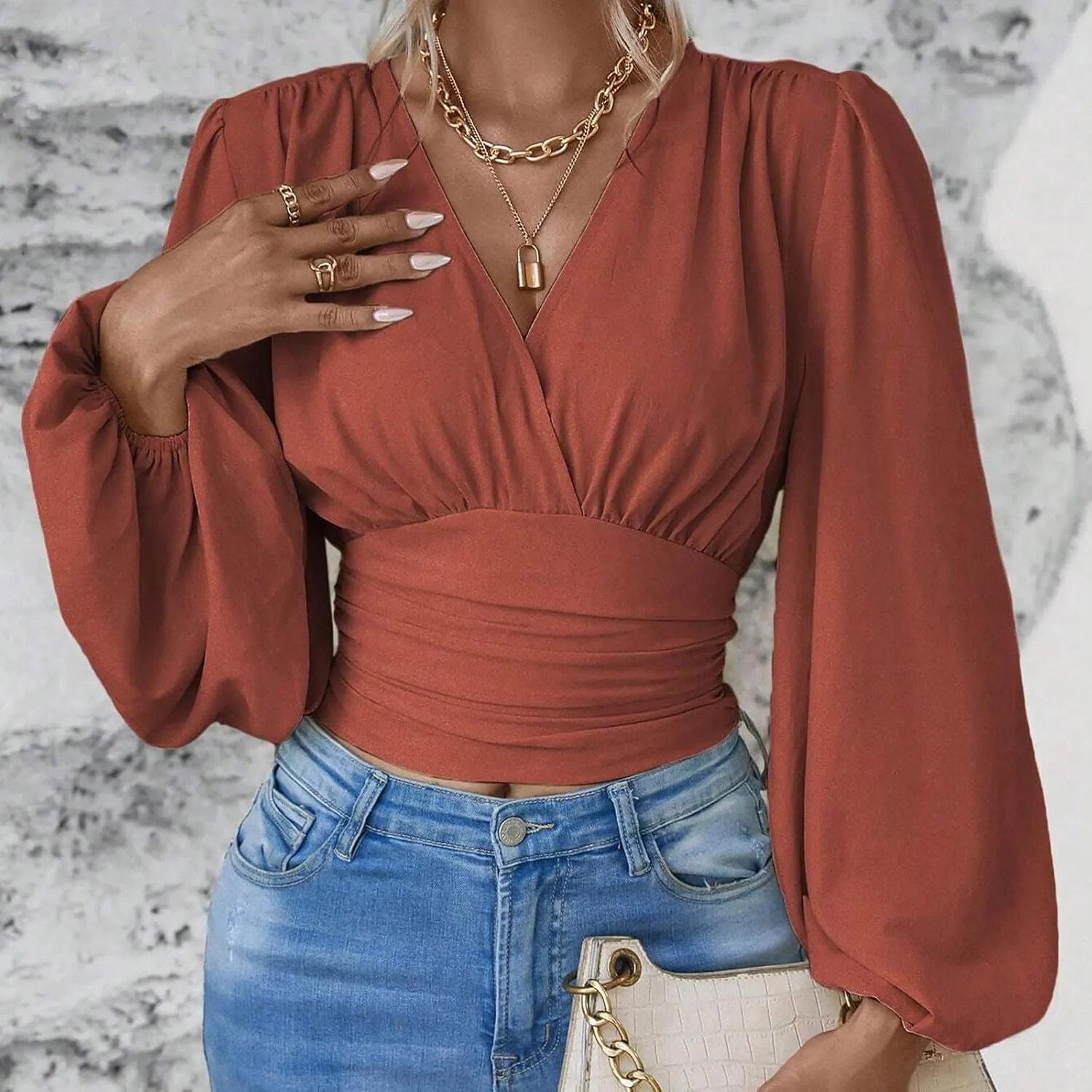 Crop Shirts for Women Trendy Deep V Neck Tops Sexy Tees Bell Sleeve Shirts Cute Basic Slim Fitted Blouses Pleated Tops