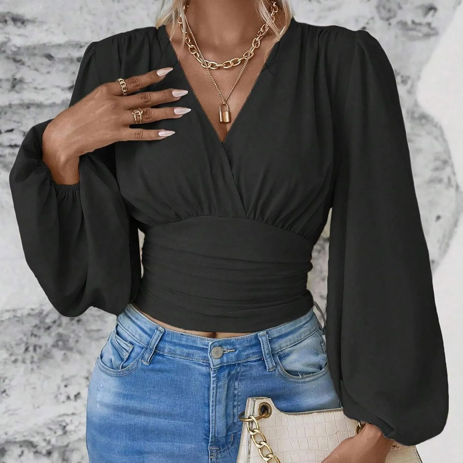 Crop Shirts for Women Trendy Deep V Neck Tops Sexy Tees Bell Sleeve Shirts Cute Basic Slim Fitted Blouses Pleated Tops