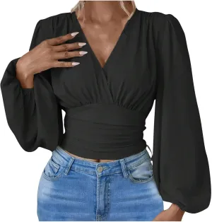 Crop Shirts for Women Trendy Deep V Neck Tops Sexy Tees Bell Sleeve Shirts Cute Basic Slim Fitted Blouses Pleated Tops