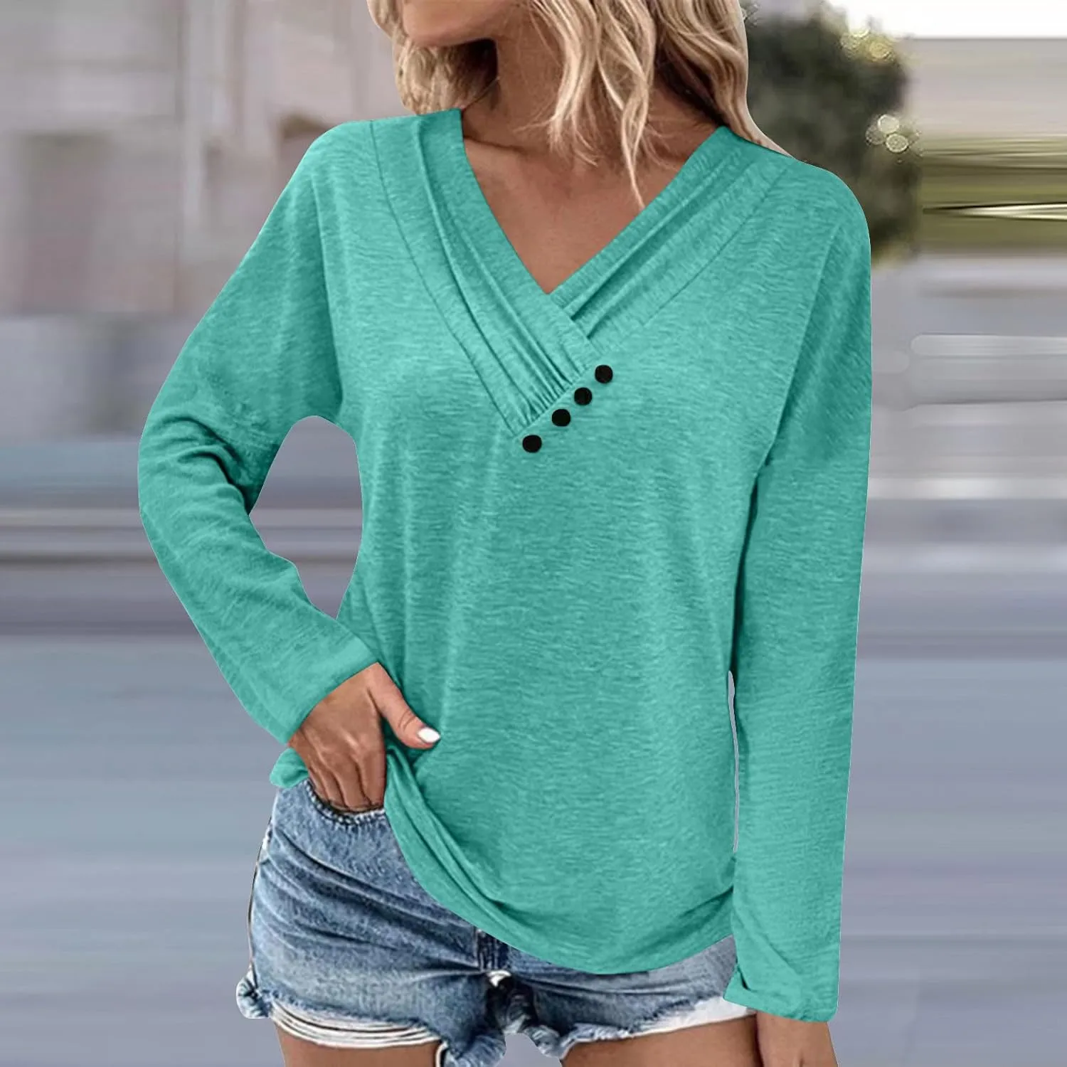 Cute Tops for Women Chest Panel Ruched Long Sleeve Sweatshirts Solid Color Button V Neck T Shirt Loose Fit Outfits