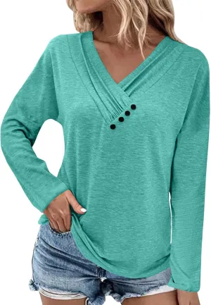Cute Tops for Women Chest Panel Ruched Long Sleeve Sweatshirts Solid Color Button V Neck T Shirt Loose Fit Outfits