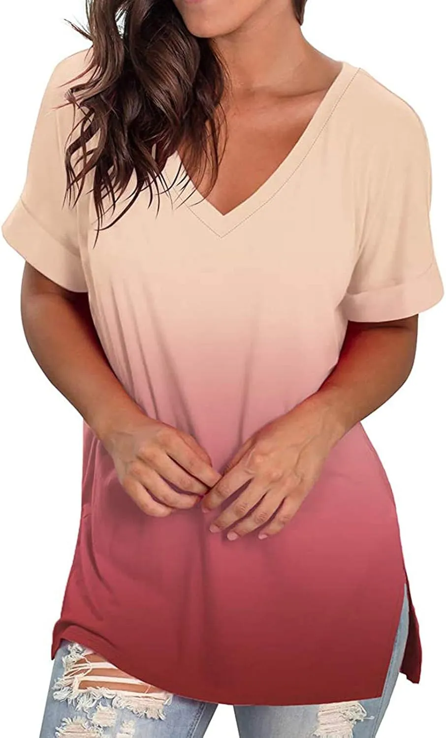 DASAYO Womens Tops 2023 Summer Casual T-Shirt Plus Size Fashion Short Sleeve Shirts Blouse Going Out Tunic Ladies Outfits