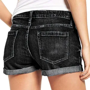 Denim Shorts for Women High Waisted Comfy Tights Elastic Button Casual with Folded Hem Jeans Shorts with Pockets