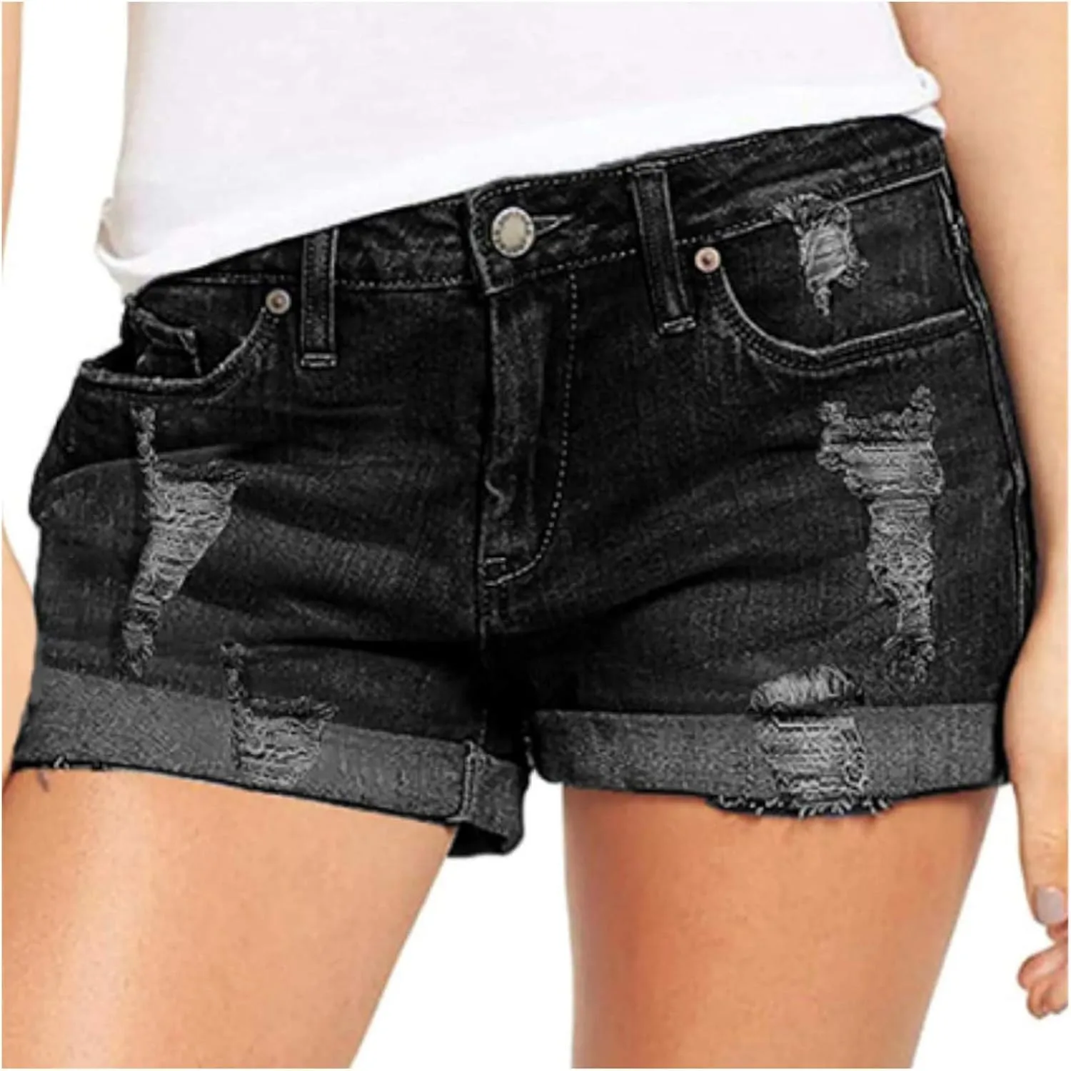 Denim Shorts for Women High Waisted Comfy Tights Elastic Button Casual with Folded Hem Jeans Shorts with Pockets