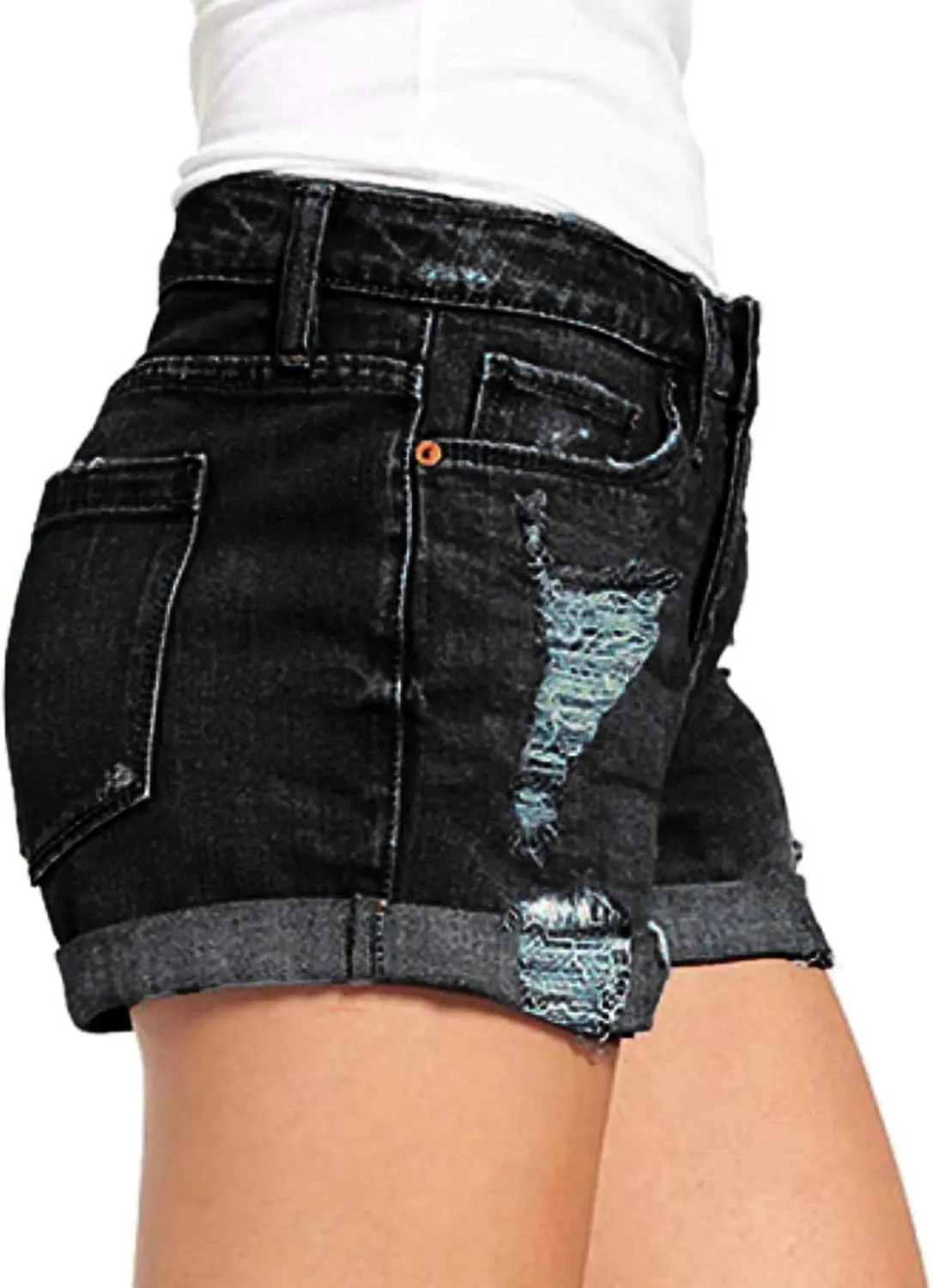 Denim Shorts for Women High Waisted Comfy Tights Elastic Button Casual with Folded Hem Jeans Shorts with Pockets