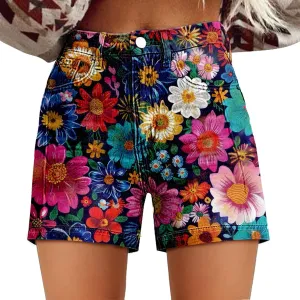 Denim Shorts for Women Vintage Boho Floral Print Denim Jeans Casual High Waist Slim Bermuda Short Retro Y2K Streetwear