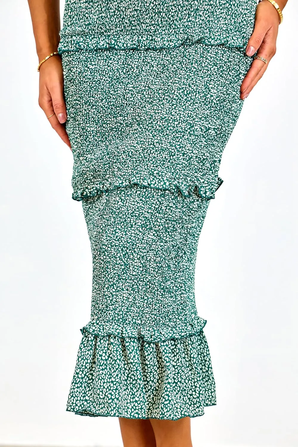 dowerme Women Summer Casual Floral Midi Smocked Bodycon Dresses Spaghetti Strap Square Neck Ruffle Mermaid Prom Dress