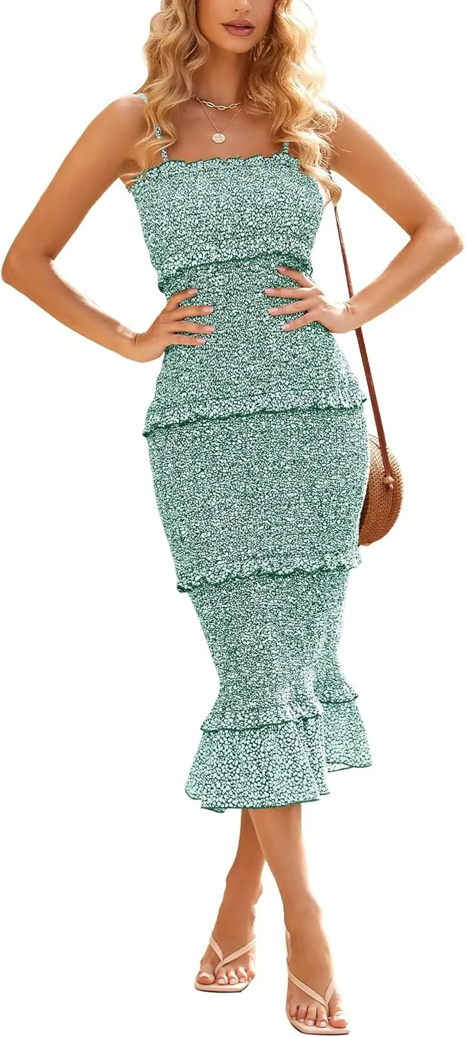 dowerme Women Summer Casual Floral Midi Smocked Bodycon Dresses Spaghetti Strap Square Neck Ruffle Mermaid Prom Dress