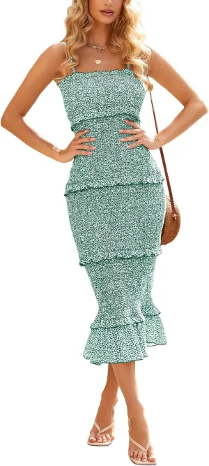 dowerme Women Summer Casual Floral Midi Smocked Bodycon Dresses Spaghetti Strap Square Neck Ruffle Mermaid Prom Dress