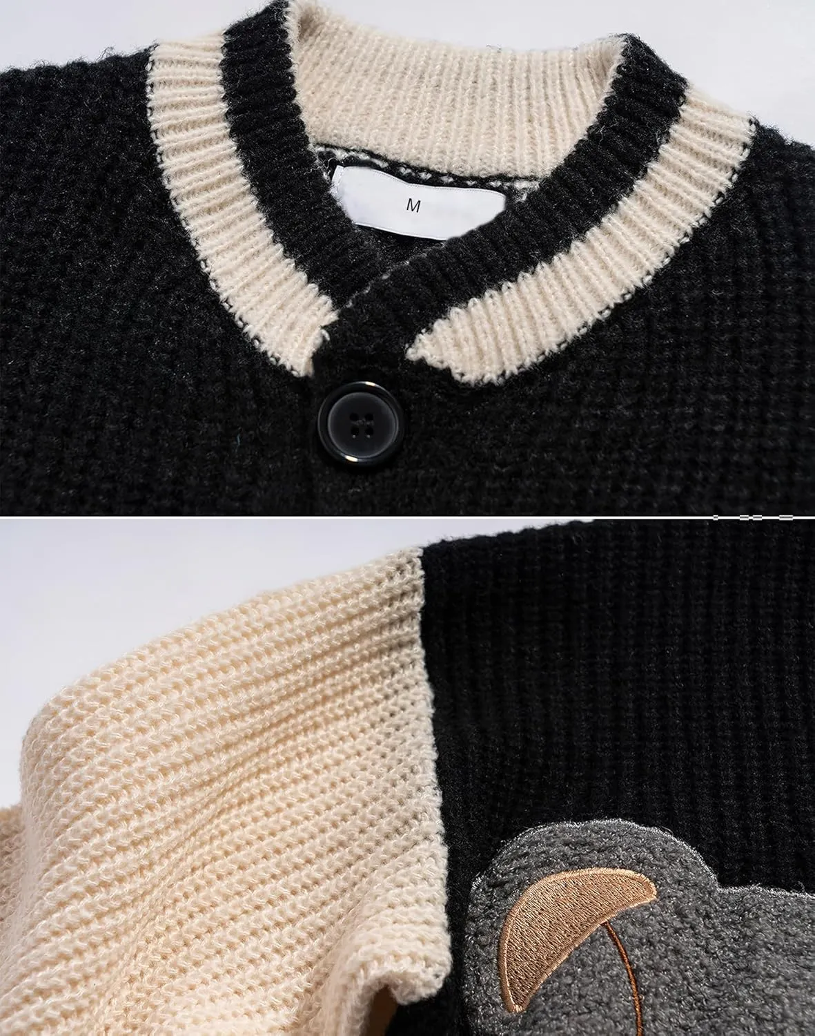 ebossy Womens Cute Bear Embroidery Knit Cardigans Casual Loose Button Down Drape Long Sleeve Varsity Sweater Jacket