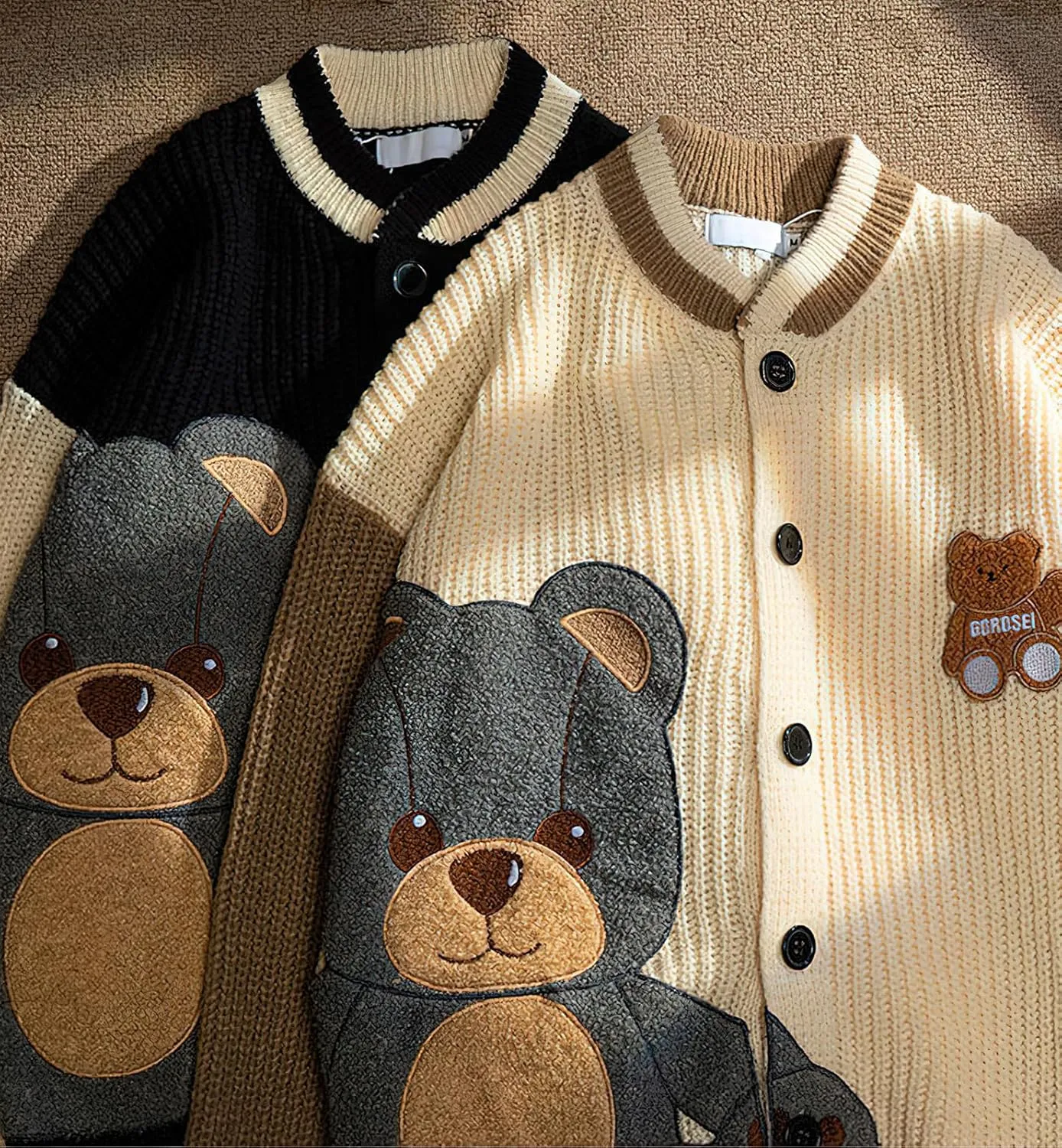 ebossy Womens Cute Bear Embroidery Knit Cardigans Casual Loose Button Down Drape Long Sleeve Varsity Sweater Jacket