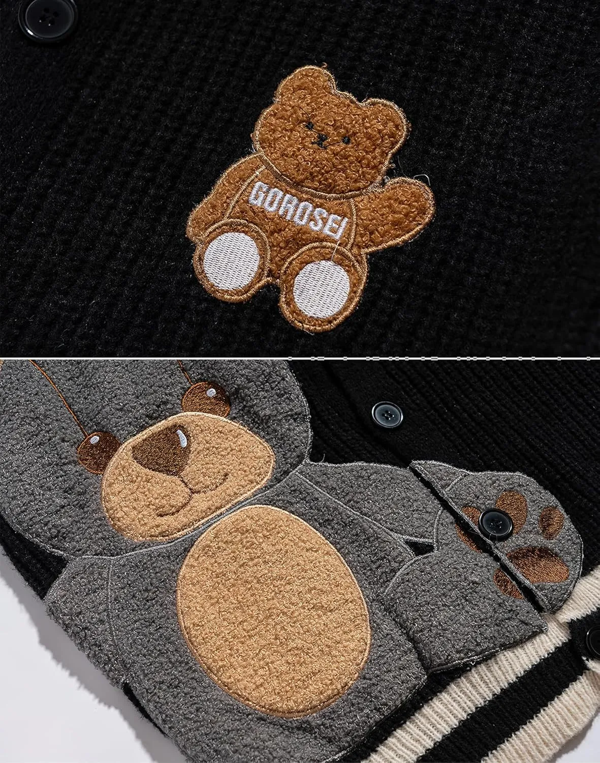 ebossy Womens Cute Bear Embroidery Knit Cardigans Casual Loose Button Down Drape Long Sleeve Varsity Sweater Jacket