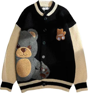 ebossy Womens Cute Bear Embroidery Knit Cardigans Casual Loose Button Down Drape Long Sleeve Varsity Sweater Jacket